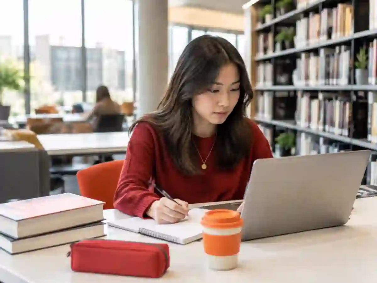 University student writing an assignment with a laptop and notes in a bright library